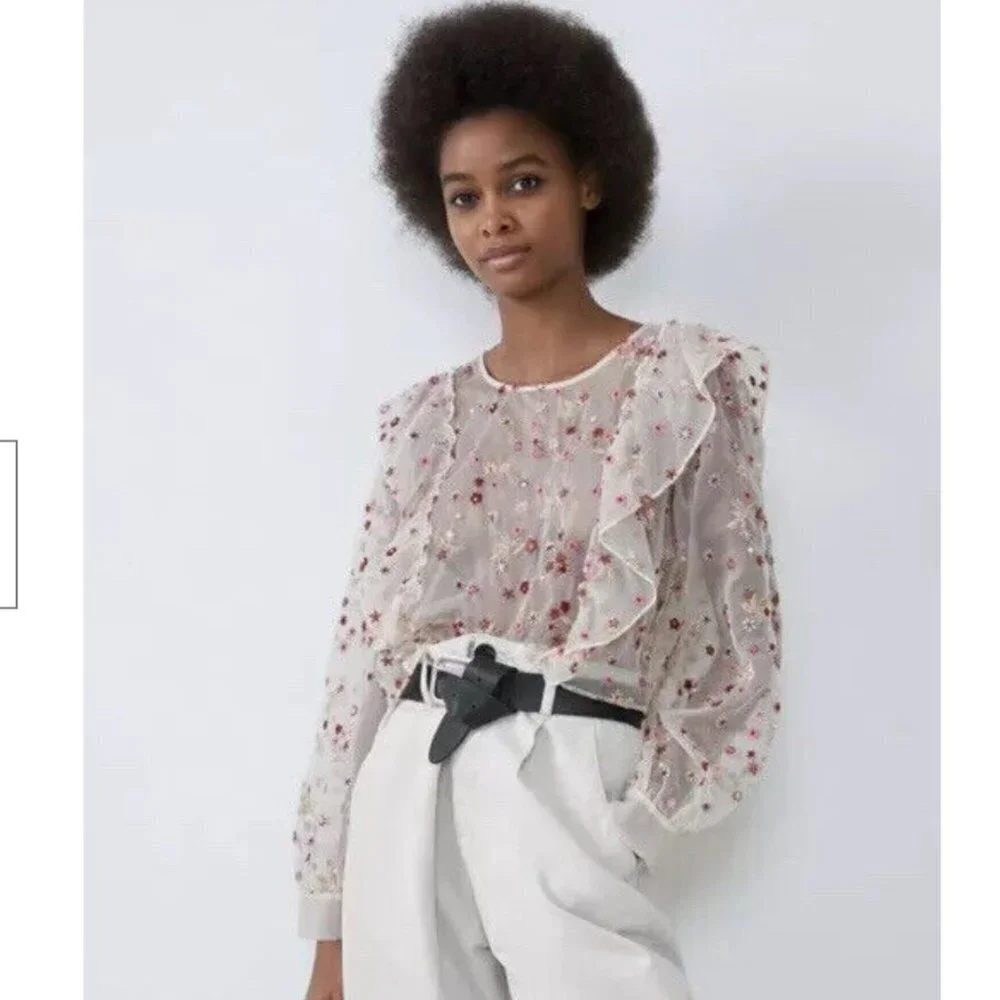 Zara organza sheer long sleeved floral cropped blouse women’s size small - Picture 2 of 9